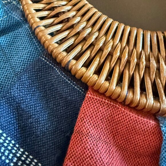Womens‎ Red, White, & Blue Fabric Hand Bag With Rattan Boho Handle - Picture 6 of 6
